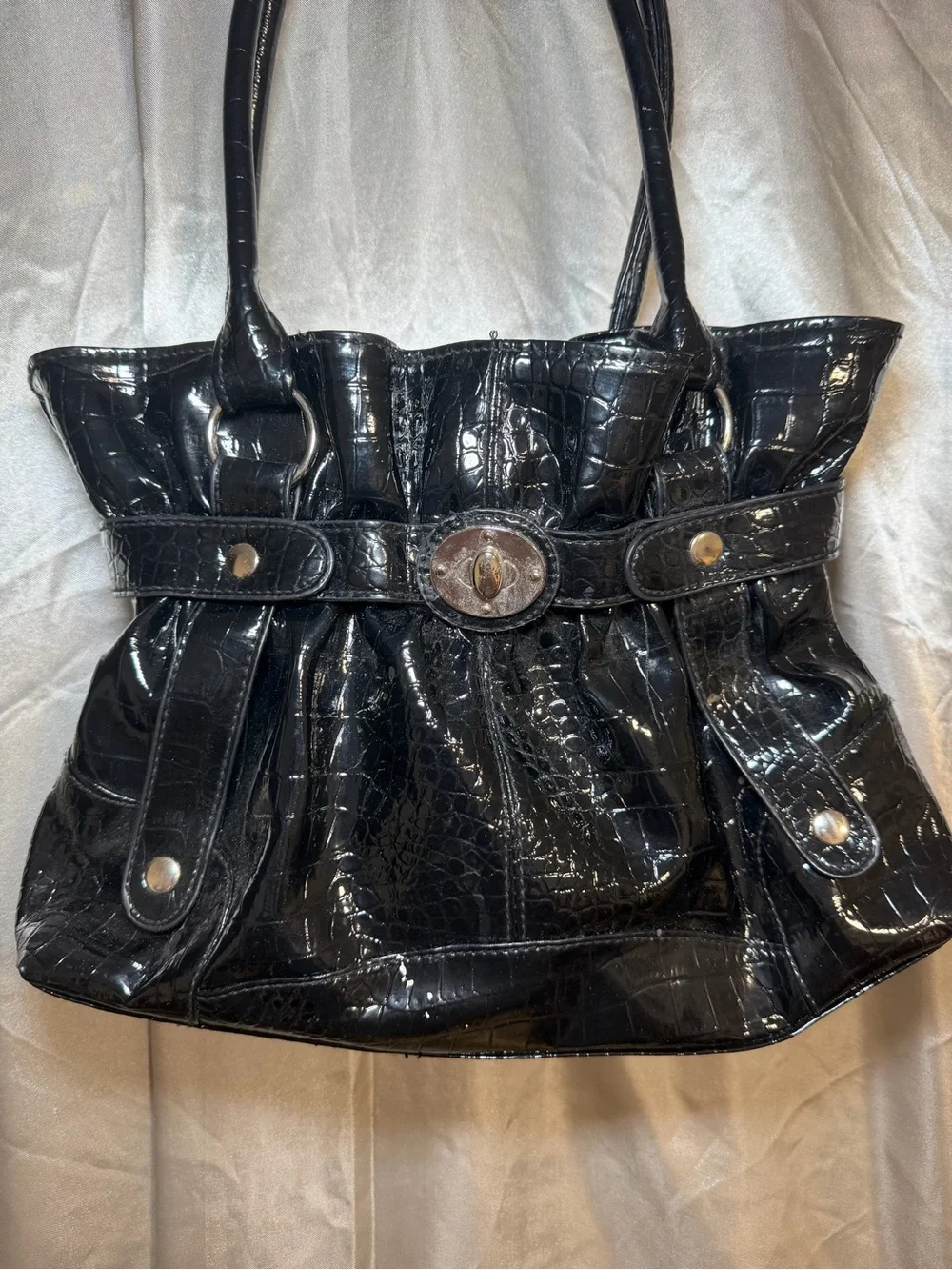 Vintage Y2K Black Patent Croc Embossed Faux Shoulder Tote Turn Lock Purse